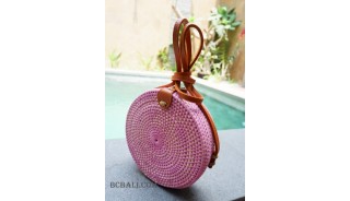 straw synthetic rattan circle bag color pink